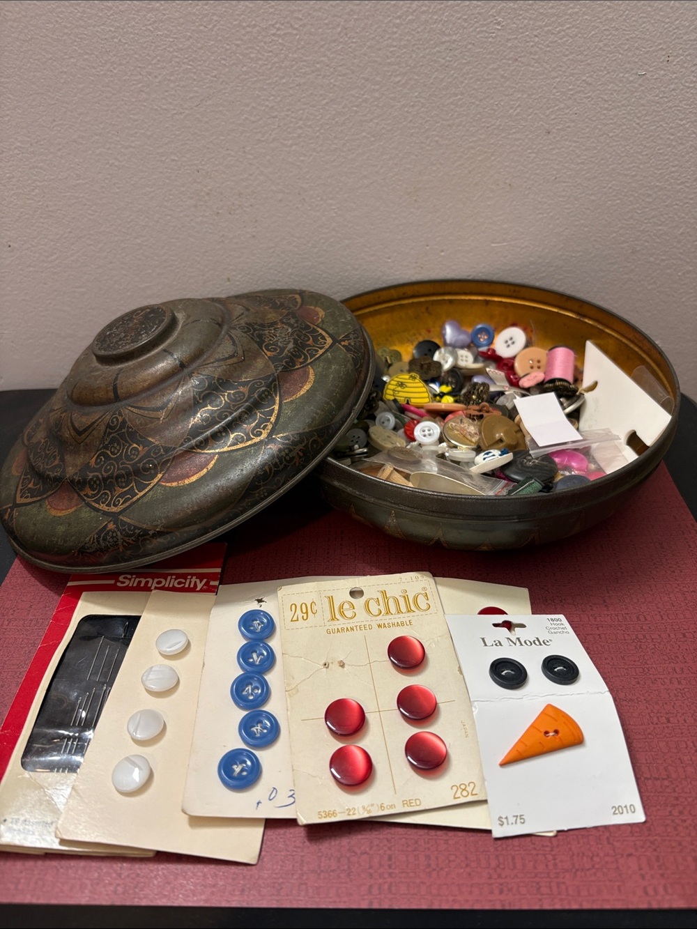 Assorted Sewing Buttons and Notions  in a Vintage Schaffer’s Boston Candy Tin